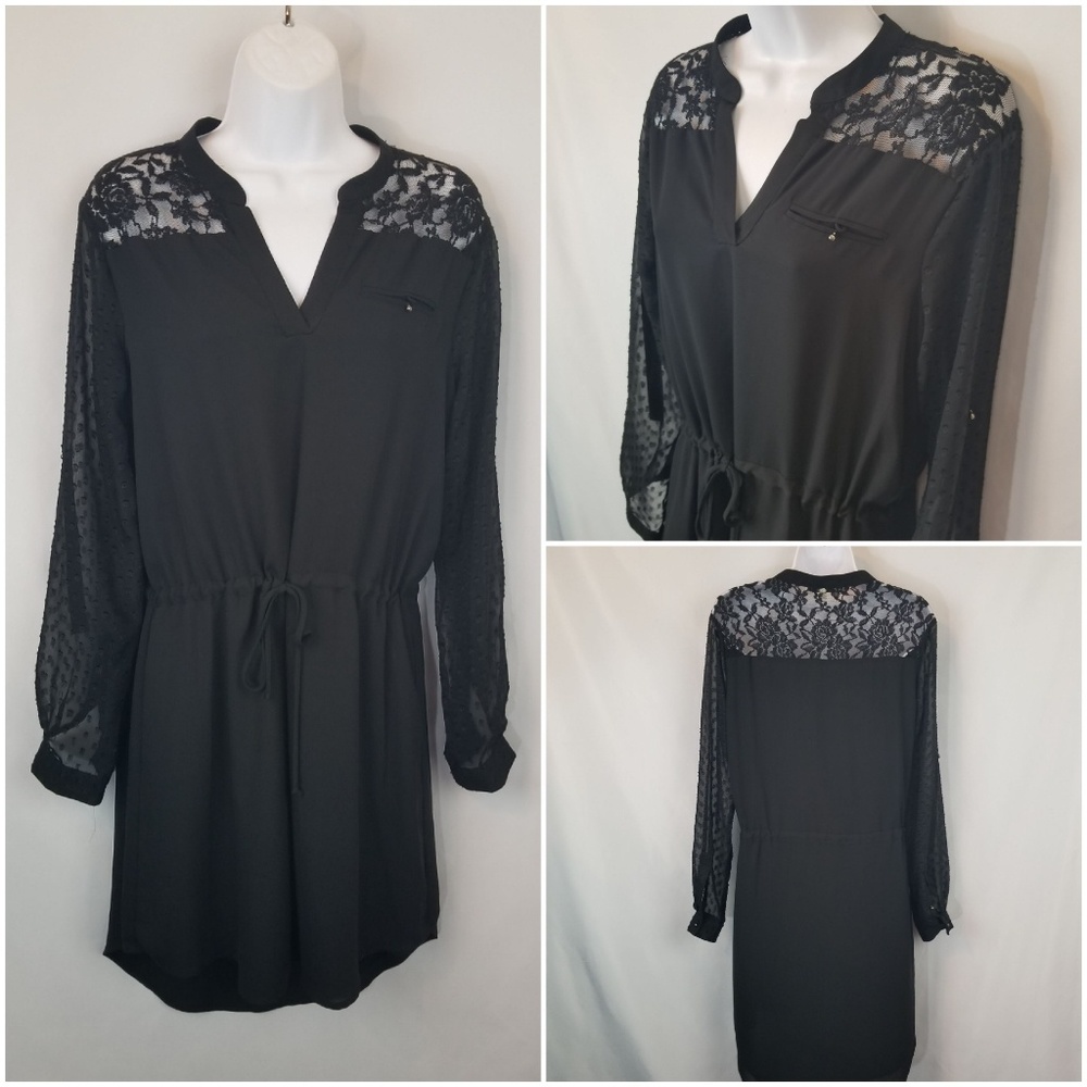 Black Rainn Sheer Sleeves Lace Dress